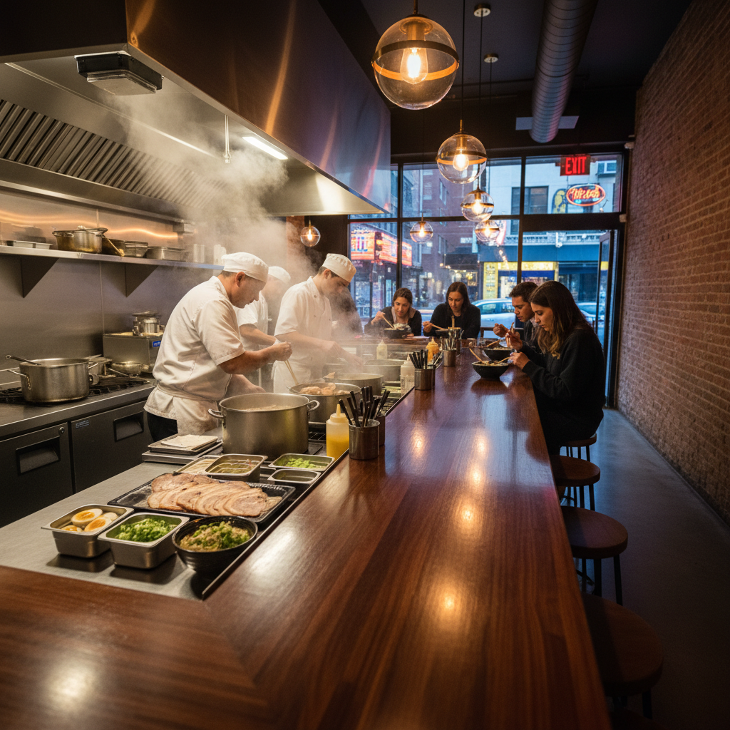 Modern downtown ramen counter with dark wood, pendant lighting, and open kitchen view