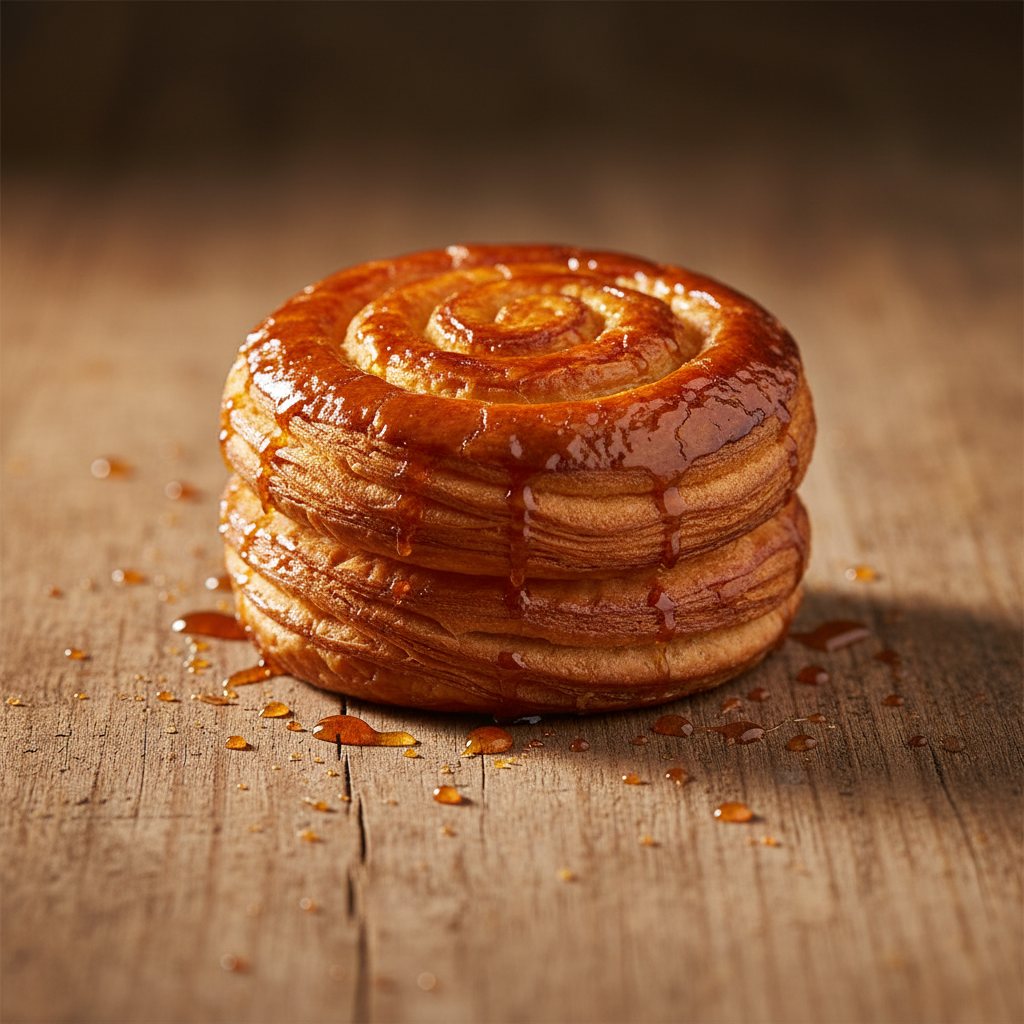 Glossy caramelized Kouign-Amann with burnished golden-brown layers and flaky edges