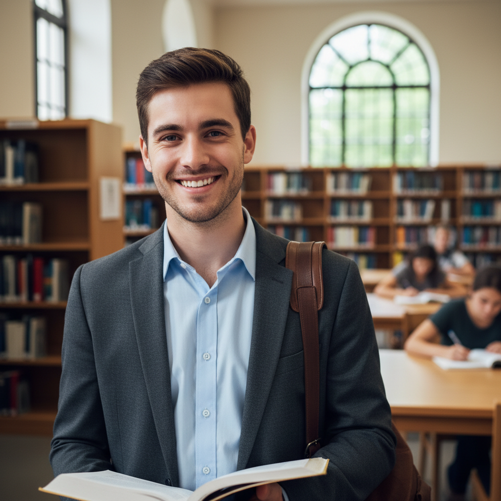 Chinese man with neat dark hair, friendly smile, bright academic environment