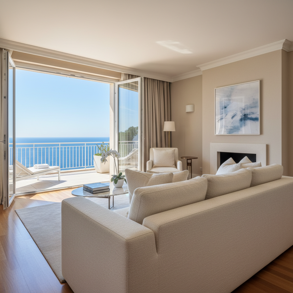 Premier suite living area with stone fireplace, deep olive velvet sofa, antique brass fixtures, vineyard view terrace