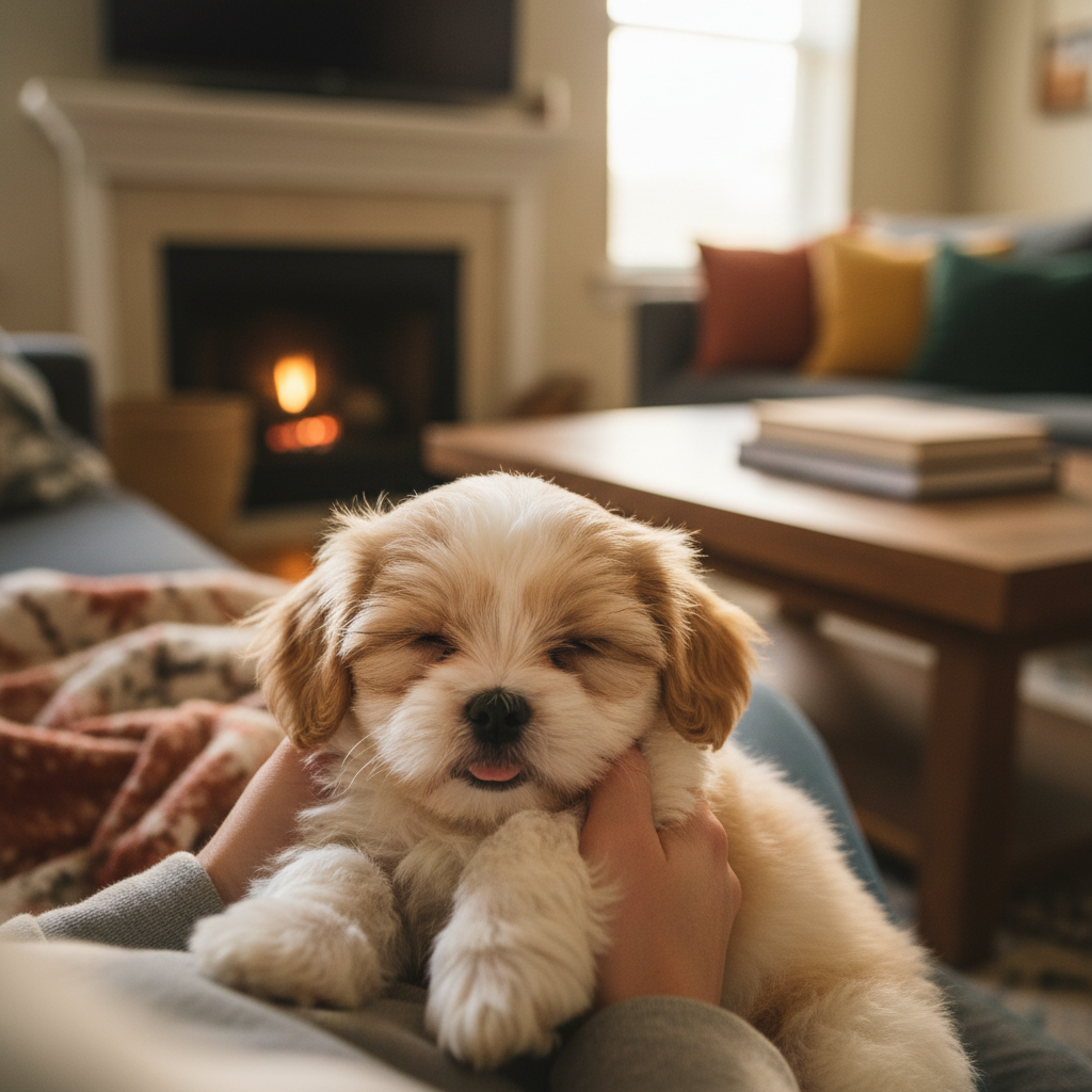 Shih Tzu puppy sitting in someone's lap in a cozy apartment living room