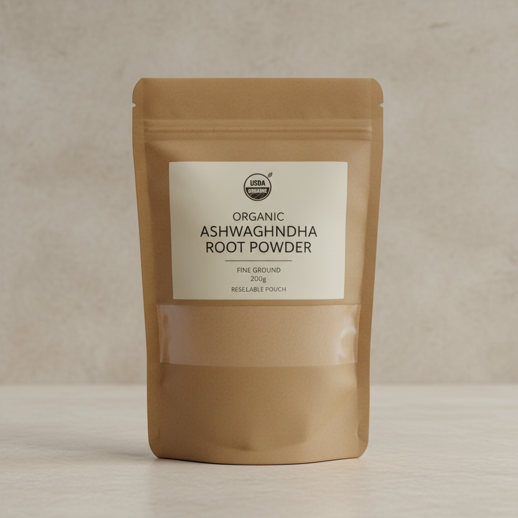 Ashwagandha root powder in small wooden bowl with dried herbs on earthy brown background organic natural