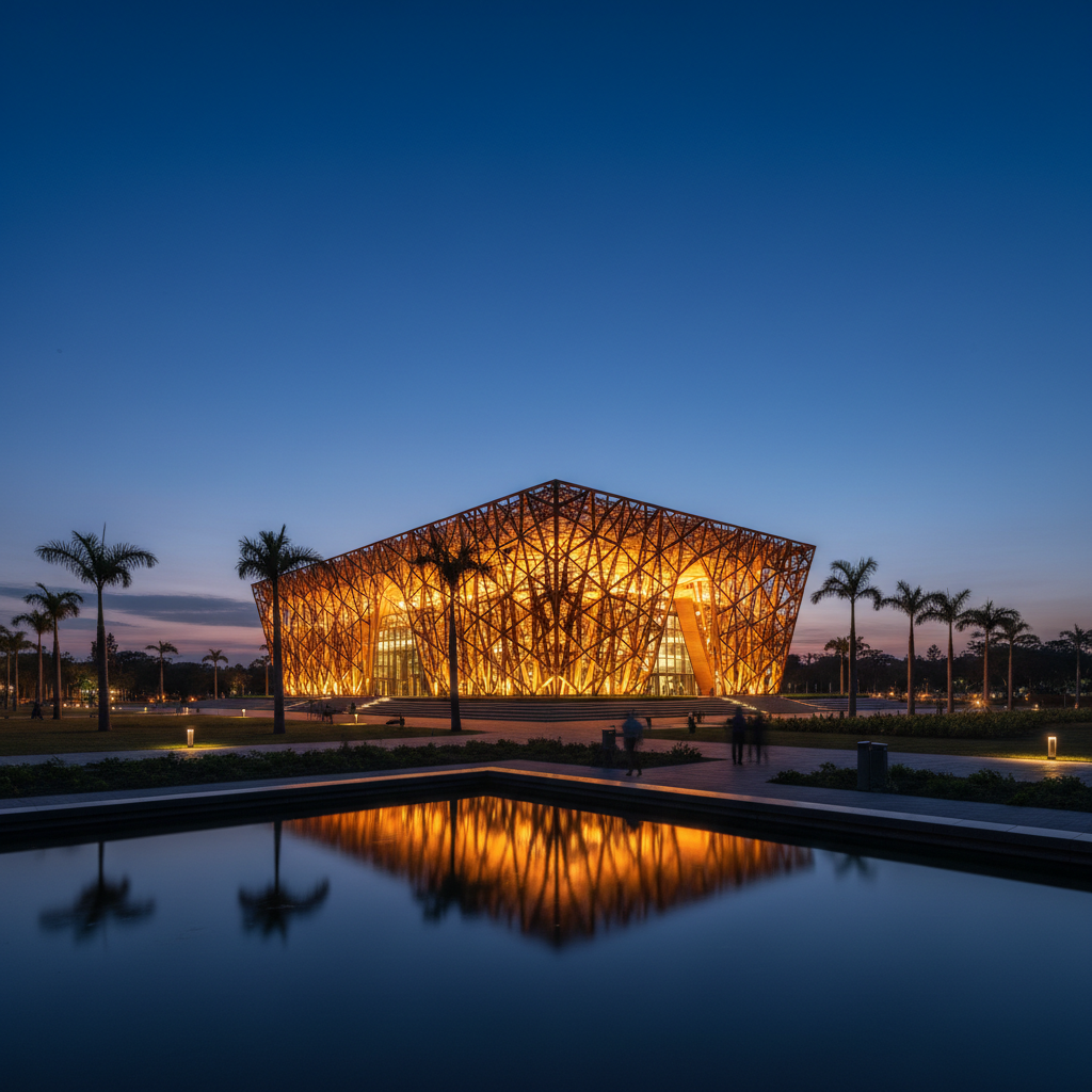 Kira Cultural Centre Nairobi — illuminated lattice facade glowing against deep blue twilight