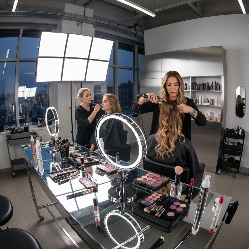 Groom grooming and subtle makeup in professional salon setting, well-lit studio