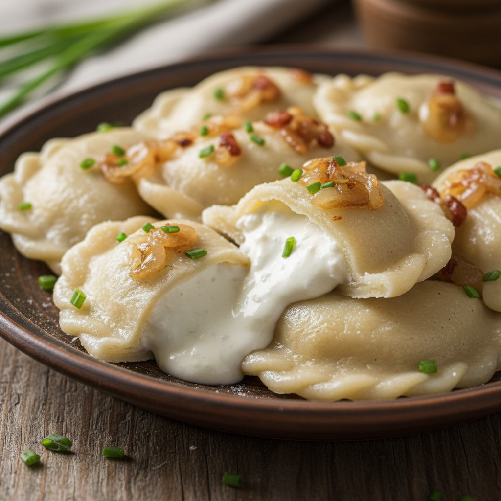 Bryndzové pirohy pierogi close-up with bryndza oozing from the fold, topped with caramelized onions