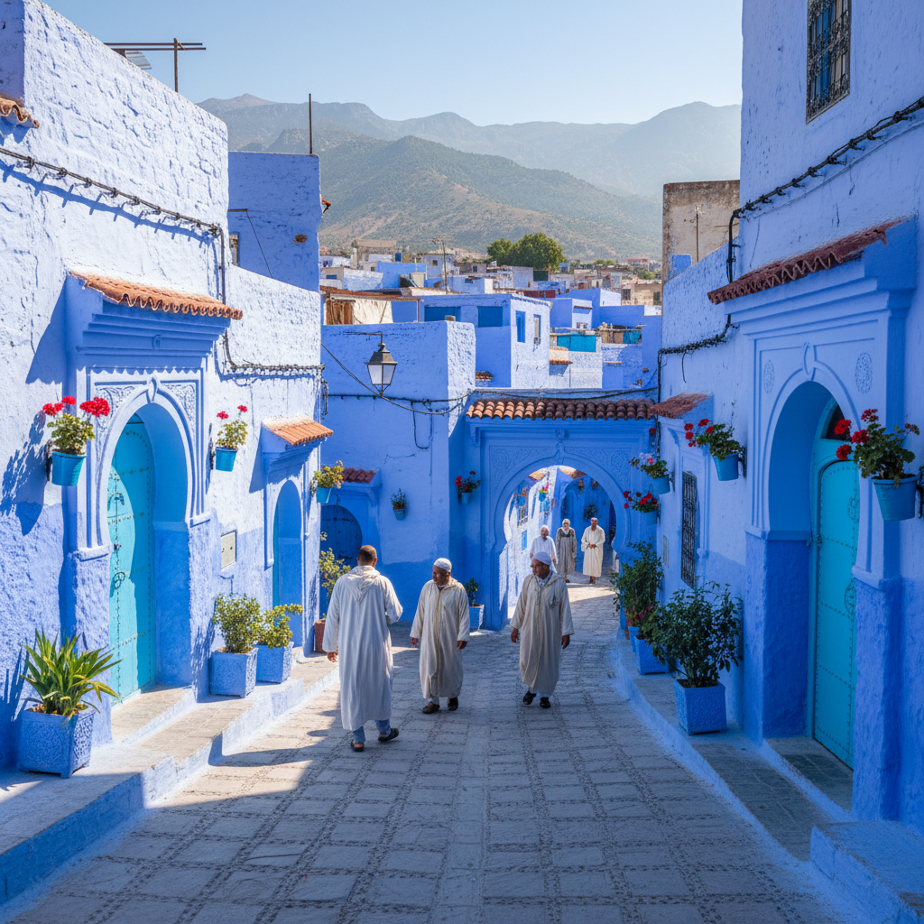 Chefchaouen Blue City vivid blue-washed streets and archways in the Rif Mountains, Morocco — eclipse base for 2027 totality