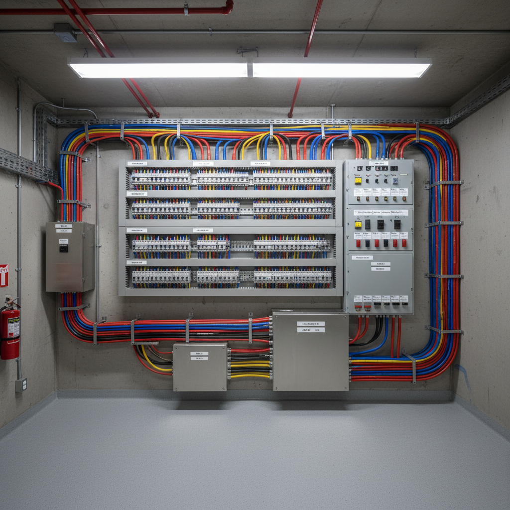 Electrical panel installation with organized wiring in bright clean technical room