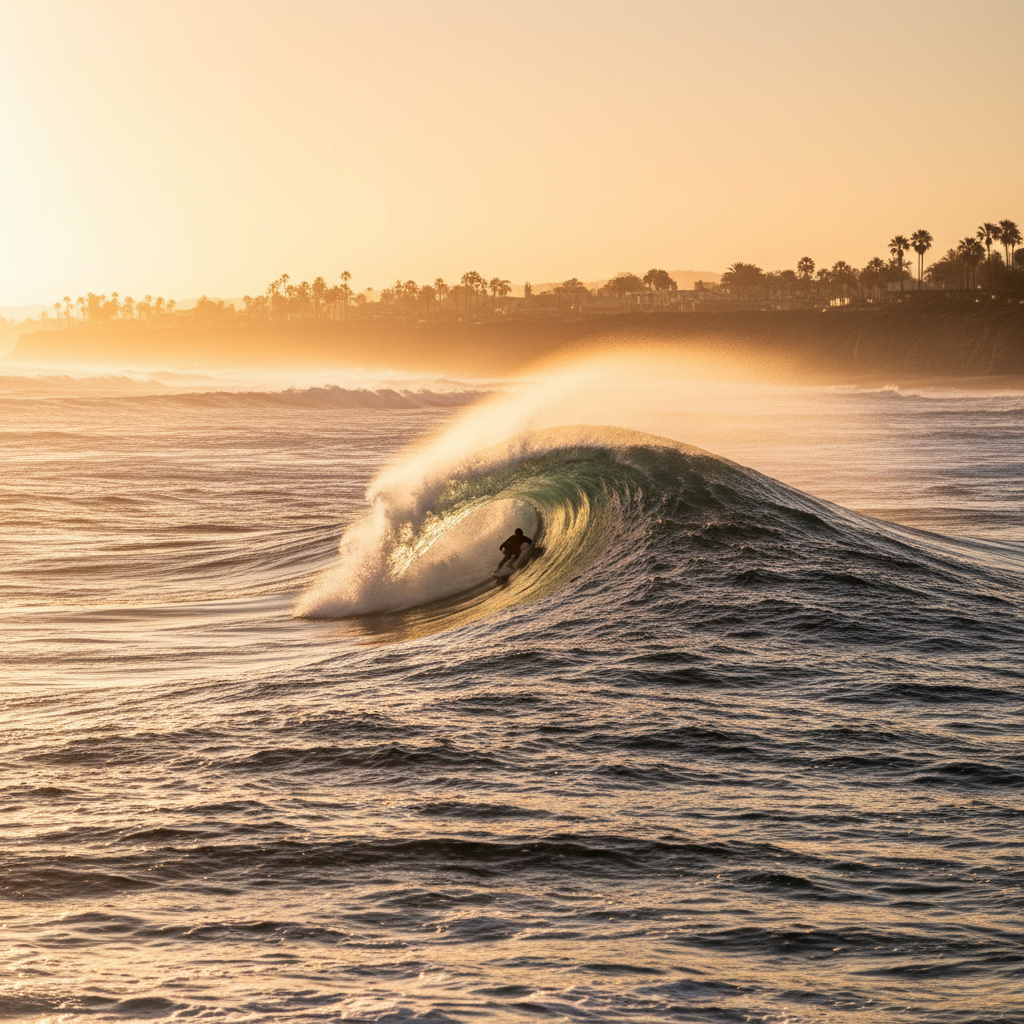 Clean barrel wave forming at golden hour