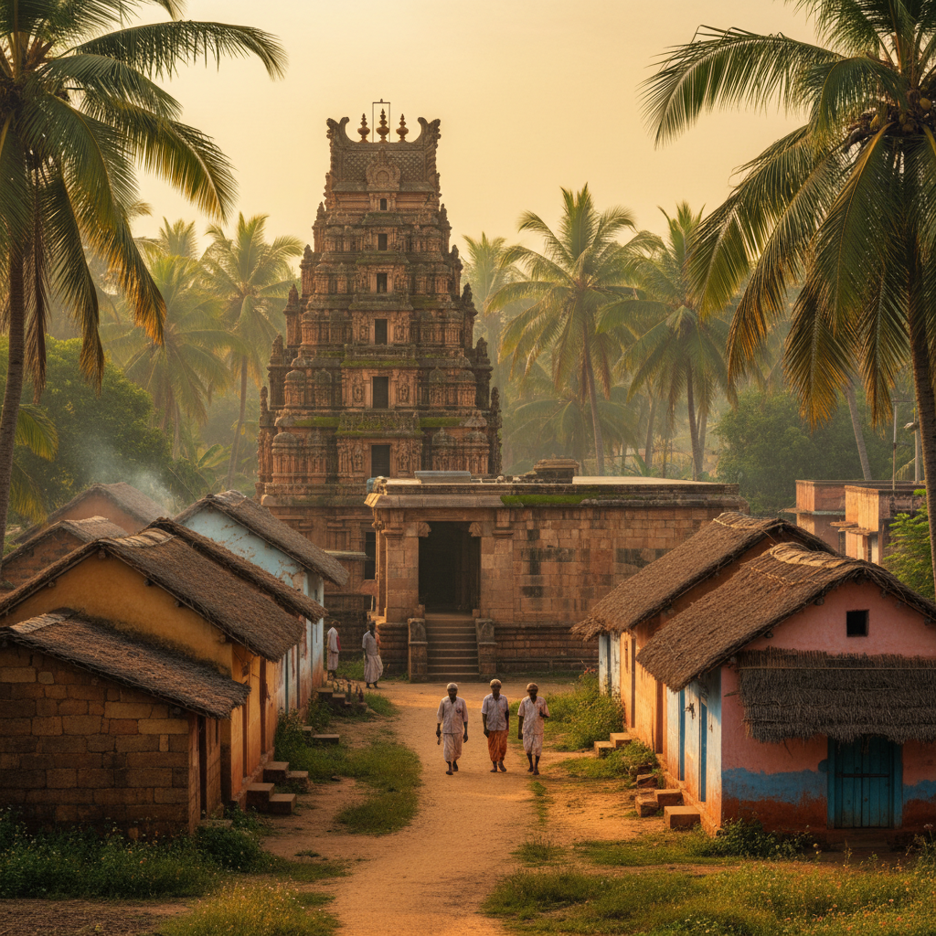 Traditional Karnataka temple with ornate gopuram tower, surrounded by coconut trees and village setting