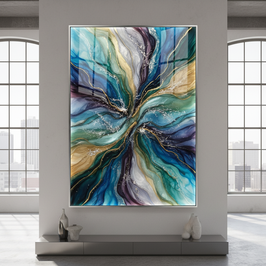 Large resin wall art panel with deep blue and gold abstract patterns