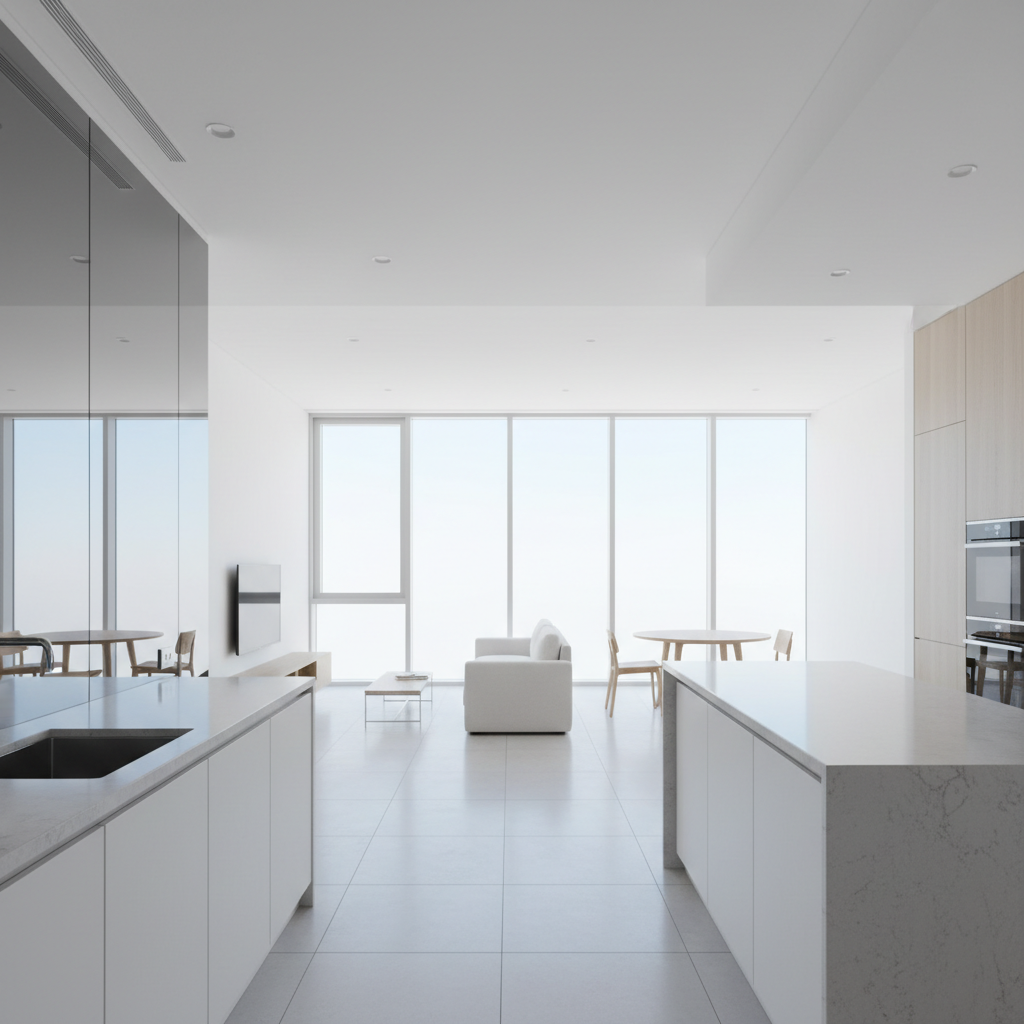 Studio apartment with open plan layout, light walls and laminate flooring
