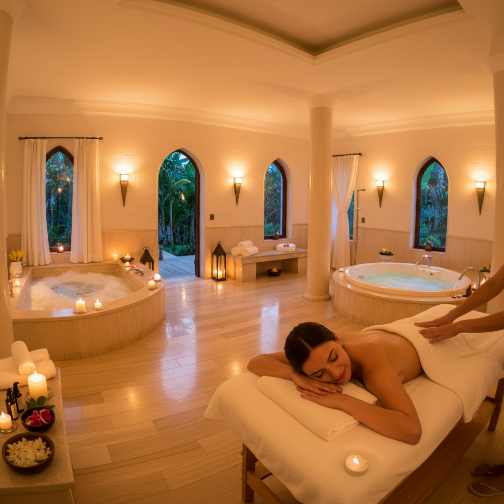 Luxury spa interior with candles, flowers, and warm ambient lighting
