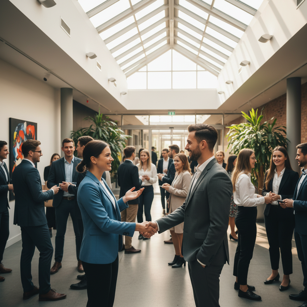 Networking session between young professionals, conference lobby, handshakes and conversations