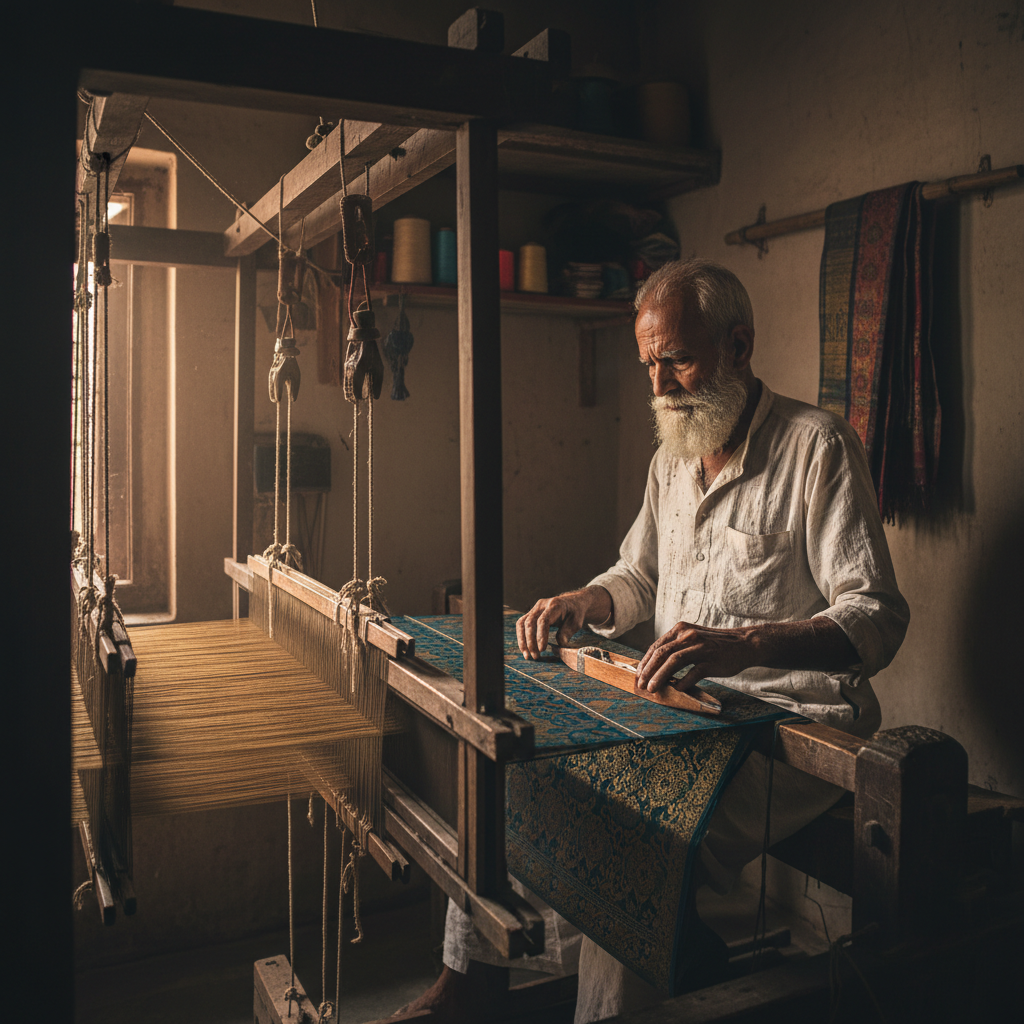 Master weaver at traditional handloom in Varanasi workshop, warm amber lighting, wooden loom structure