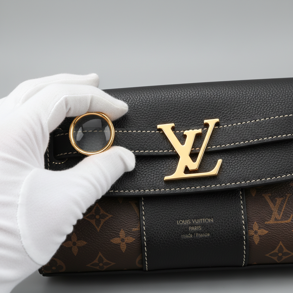 Experto ZECOND revisando bolso de lujo Louis Vuitton en centro de verificación