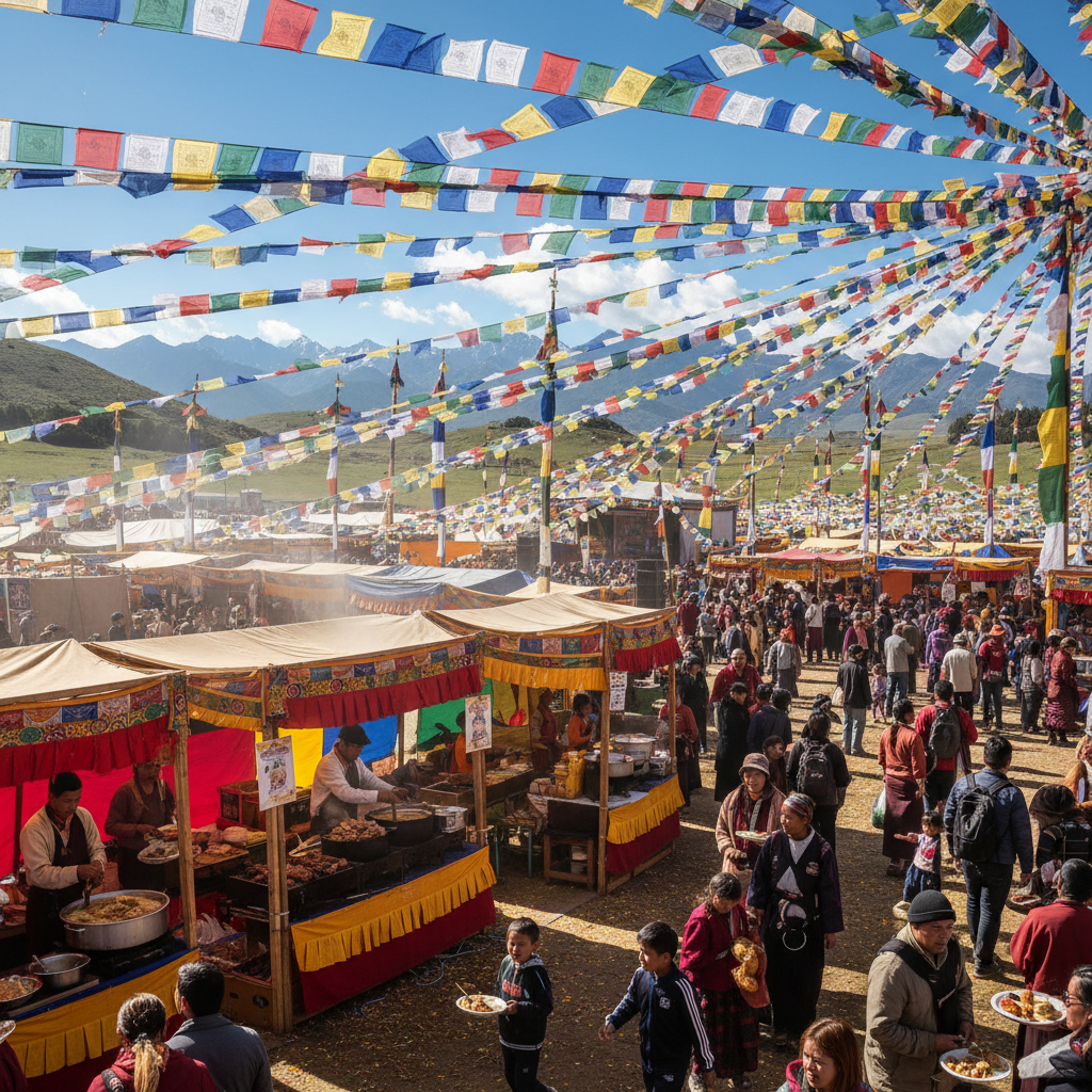 Large outdoor cultural festival with Tibetan food stalls and prayer flags
