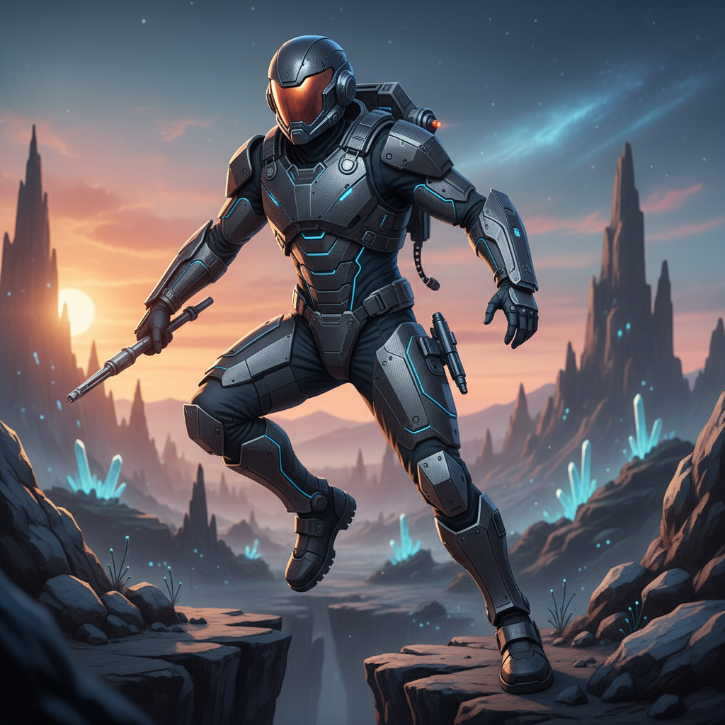 Futuristic sci-fi soldier in blue armor on alien landscape