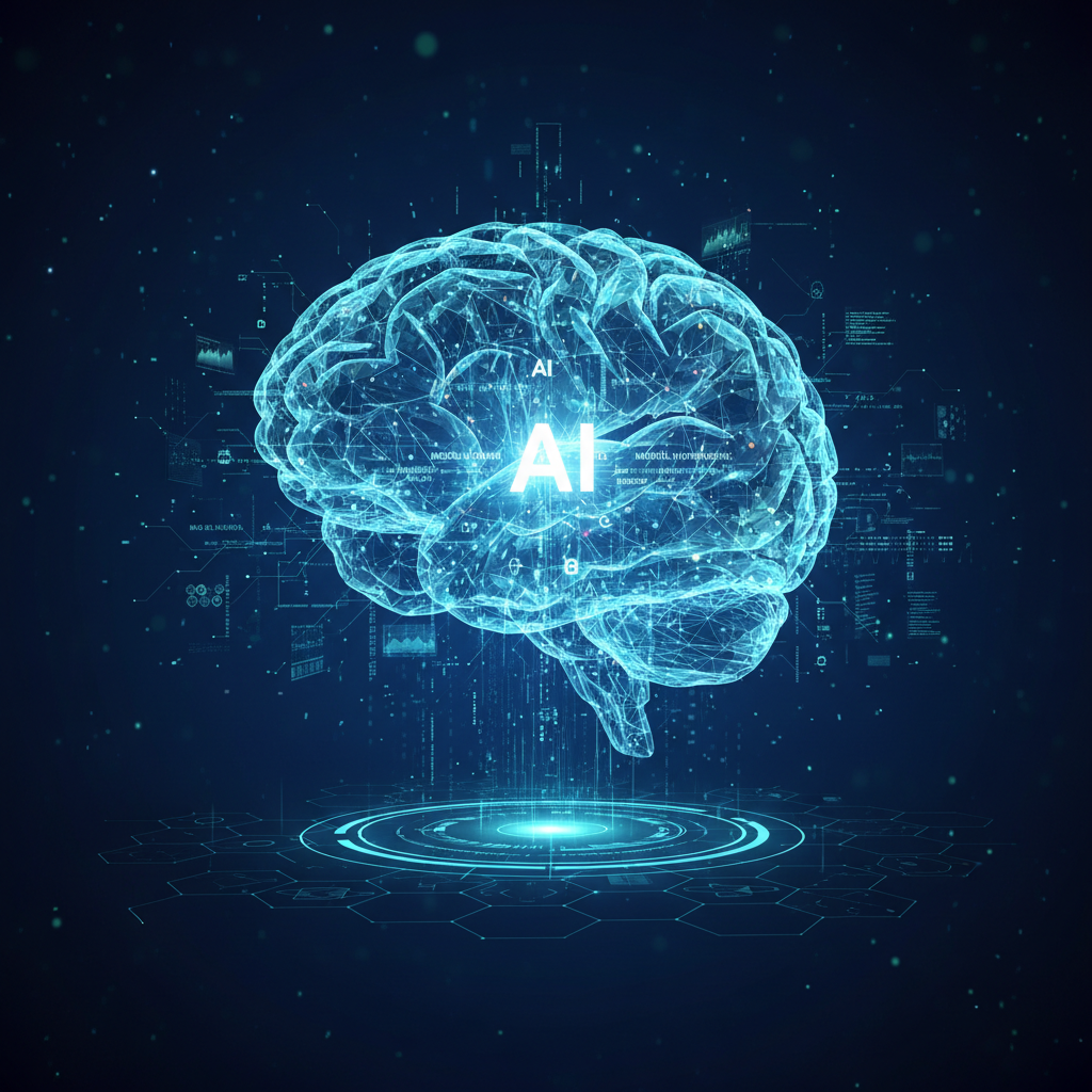 Brain scan visualization with glowing neural pathway highlights on dark background in research facility