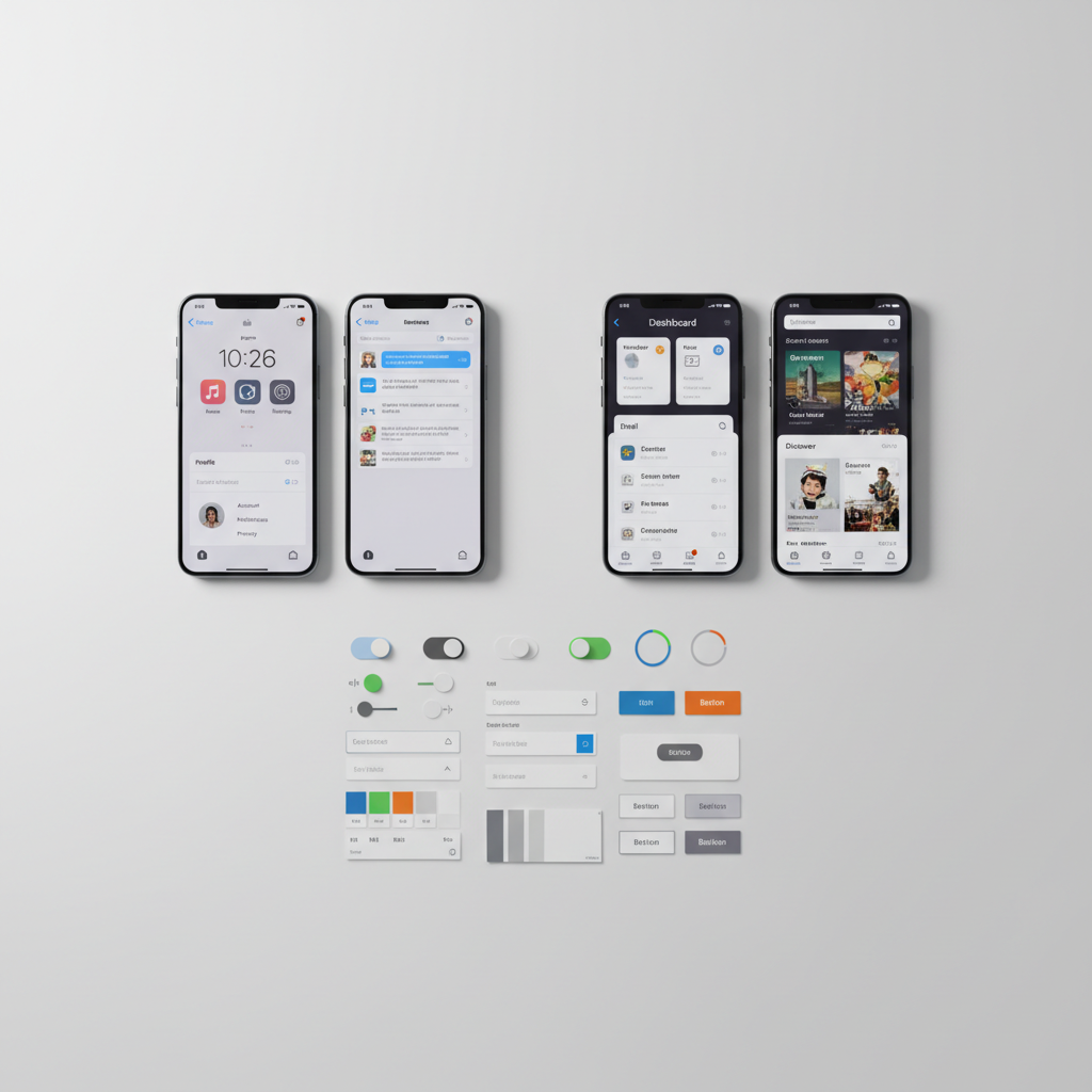 Mobile app interface screens displayed on white background, bright clean studio environment