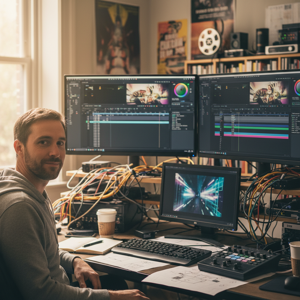 Video editing professional at workstation in creative studio environment