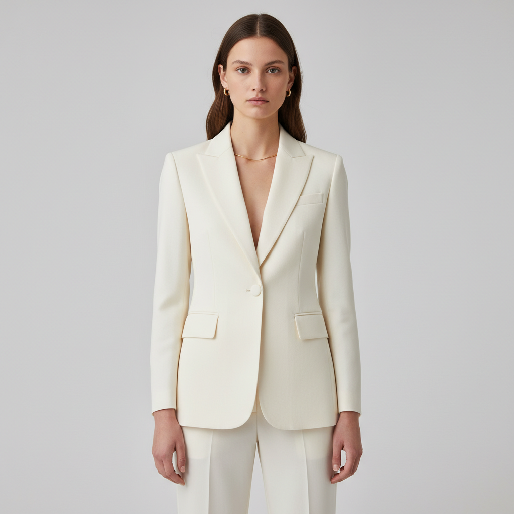 Model in ivory tailored blazer against dark textured wall, moody editorial lighting
