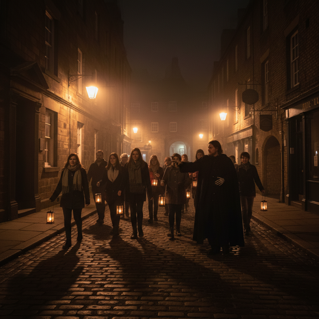 Group of visitors on a Newcastle Ghost Tour at night, walking through historic streets lit by amber lanterns