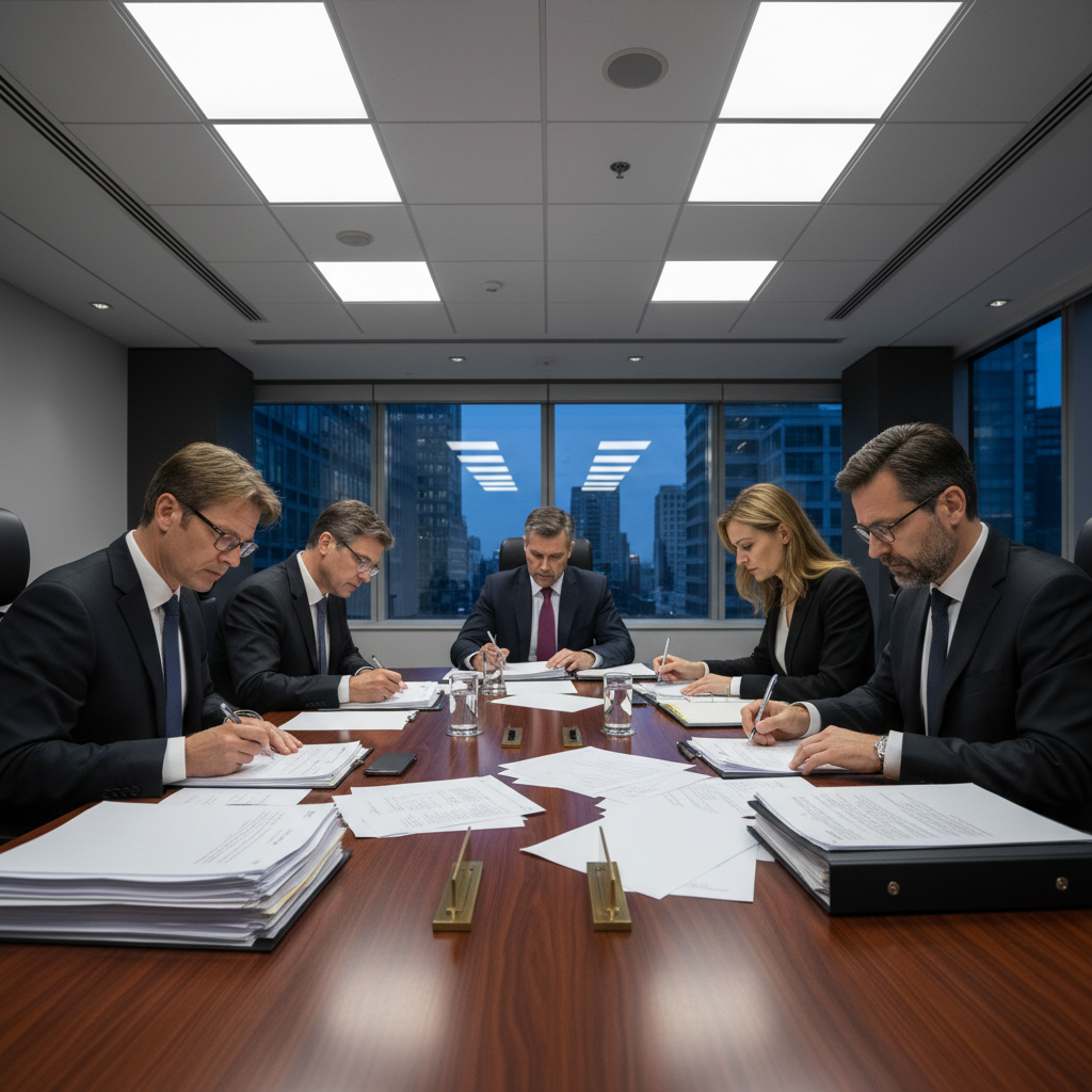 Professional in dark suit reviewing documents on a glass desk in a high-rise office