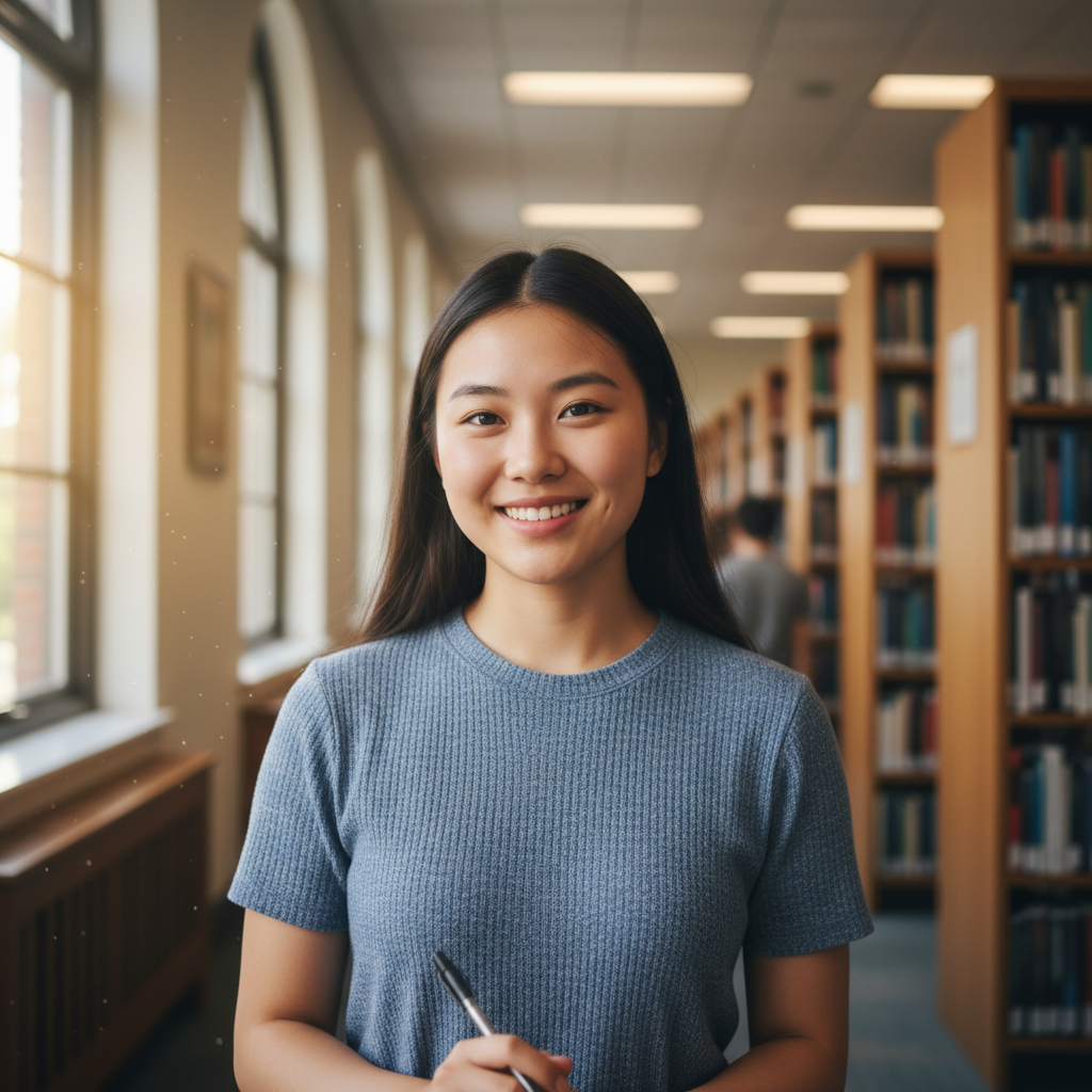 Young East Asian woman smiling warmly in a university library, books in background