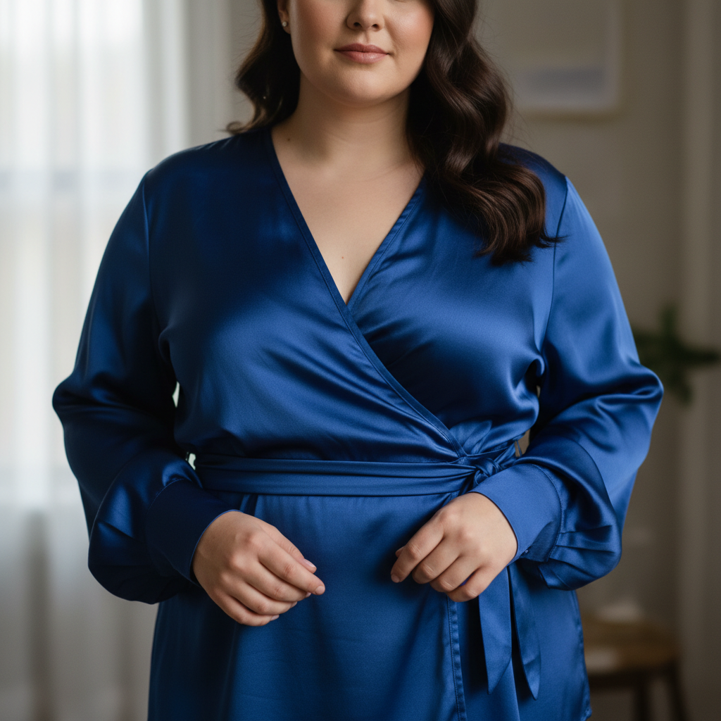 Woman in silk wrap blouse, plus-size, showing fabric drape quality