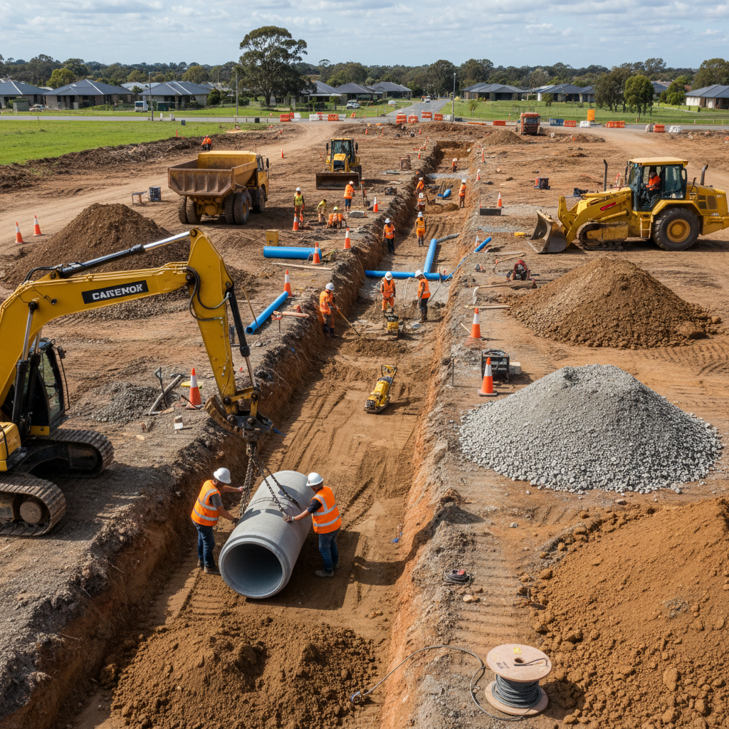 Civil construction workers laying large diameter pipes in a trench on a road construction site