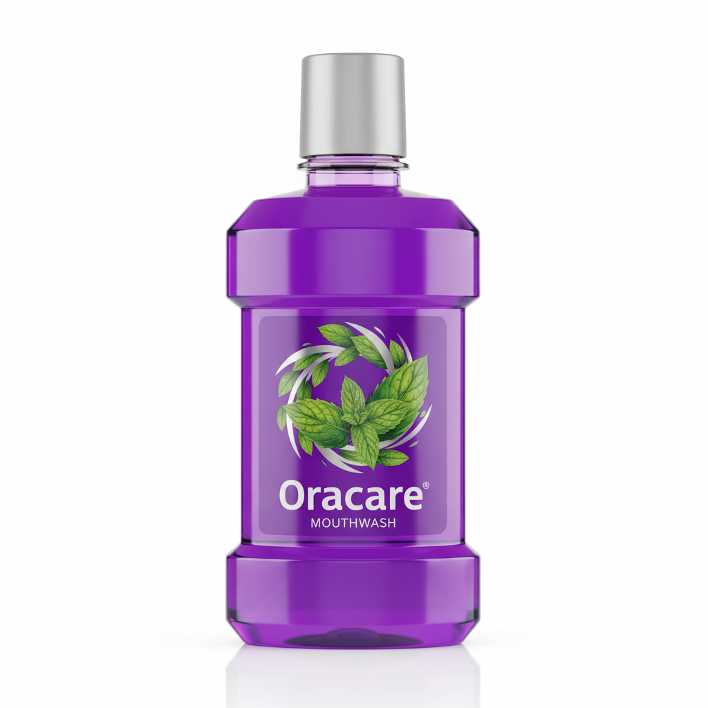 DCL Dencare mouthwash bottles in clean white and blue design on clinical white backdrop