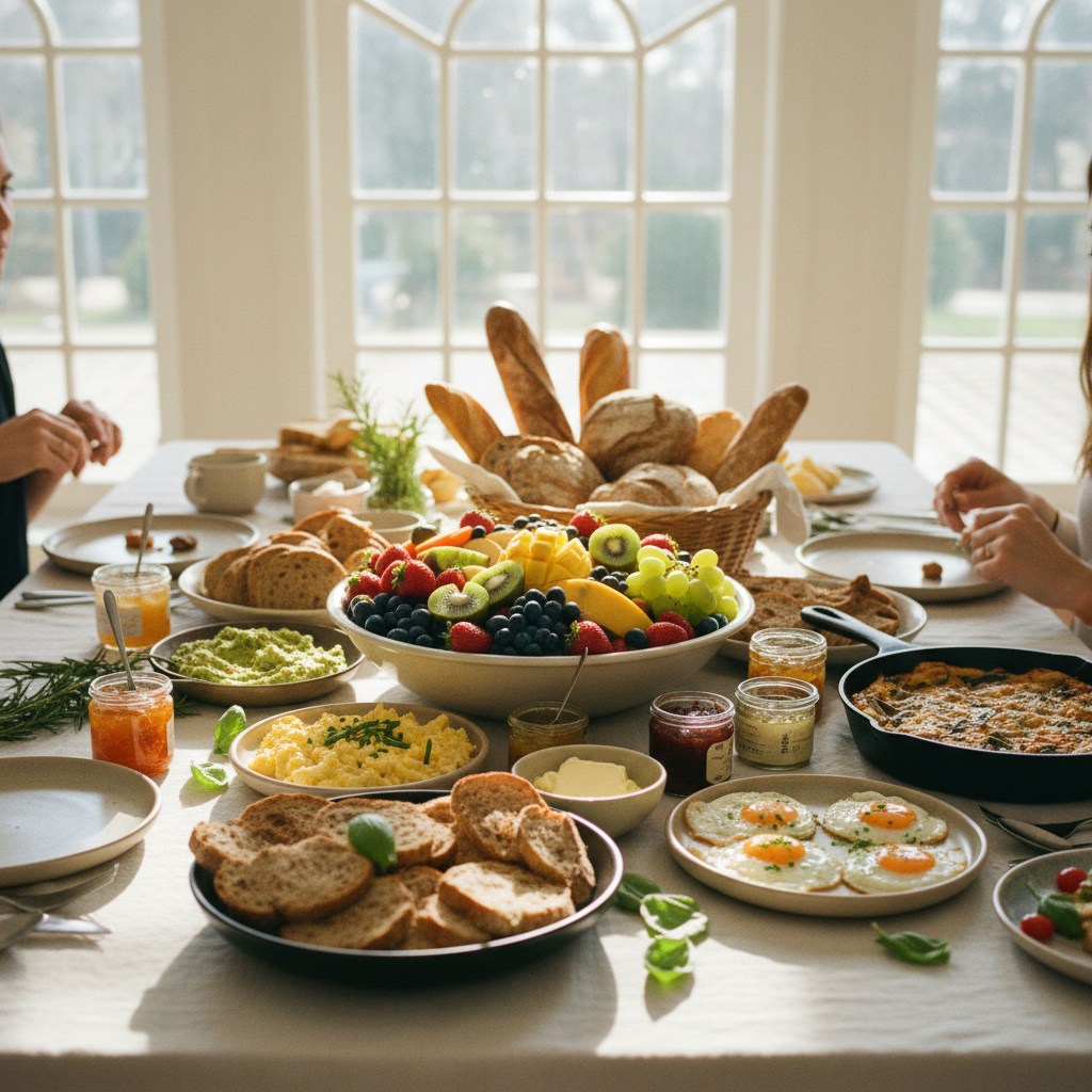 Vibrant brunch table with fresh juices, pastries, and colorful fruit platters in bright restaurant