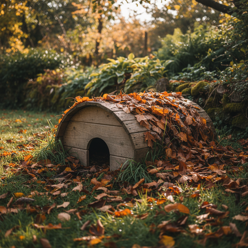 Wooden hedgehog house in a garden corner surrounded by leaf litter and grass