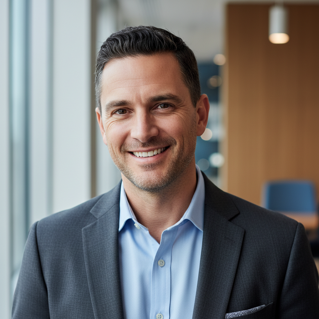 Man with short dark hair in business casual attire, light studio background