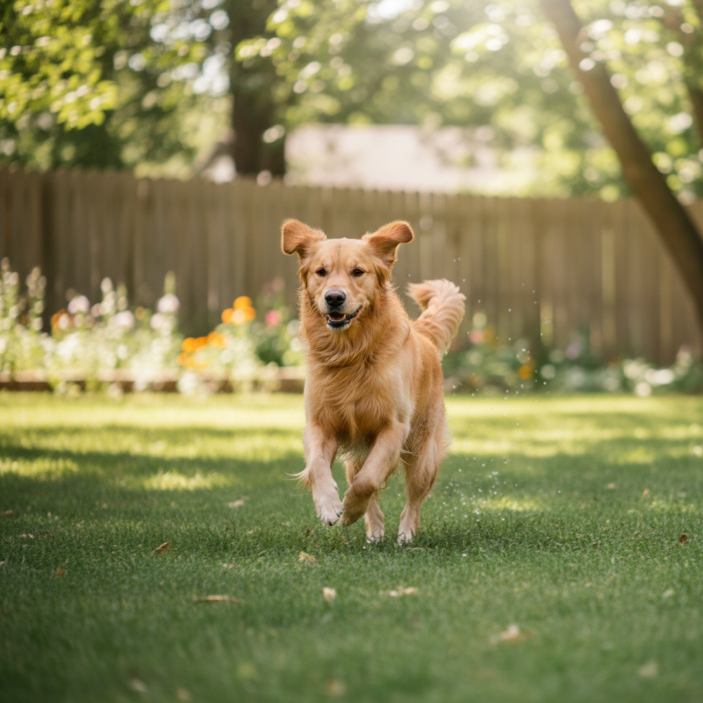 Golden retriever joueur dans un jardin verdoyant, lumière naturelle chaude, fond légèrement flou