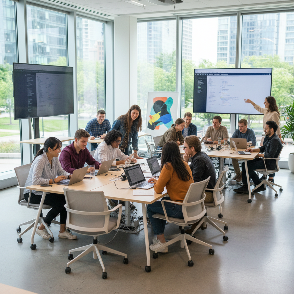 Students collaborating on coding projects in modern learning environment