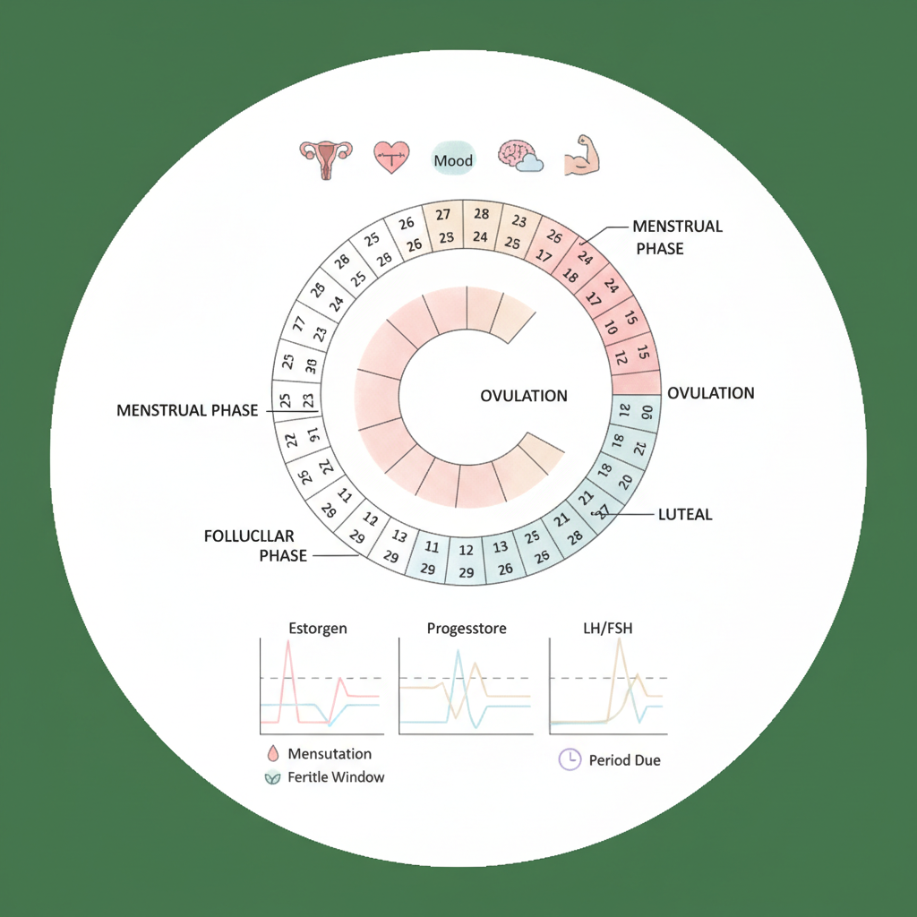Clora app interface showing menstrual cycle tracking calendar with color-coded phases and health insights dashboard