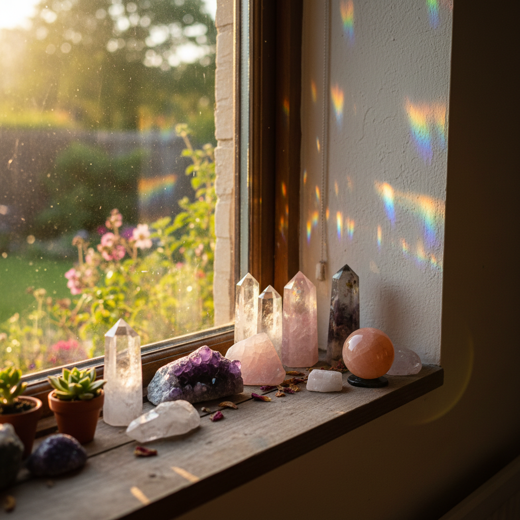 Small crystal collection arranged on a windowsill catching afternoon light, rainbow prisms on the wall