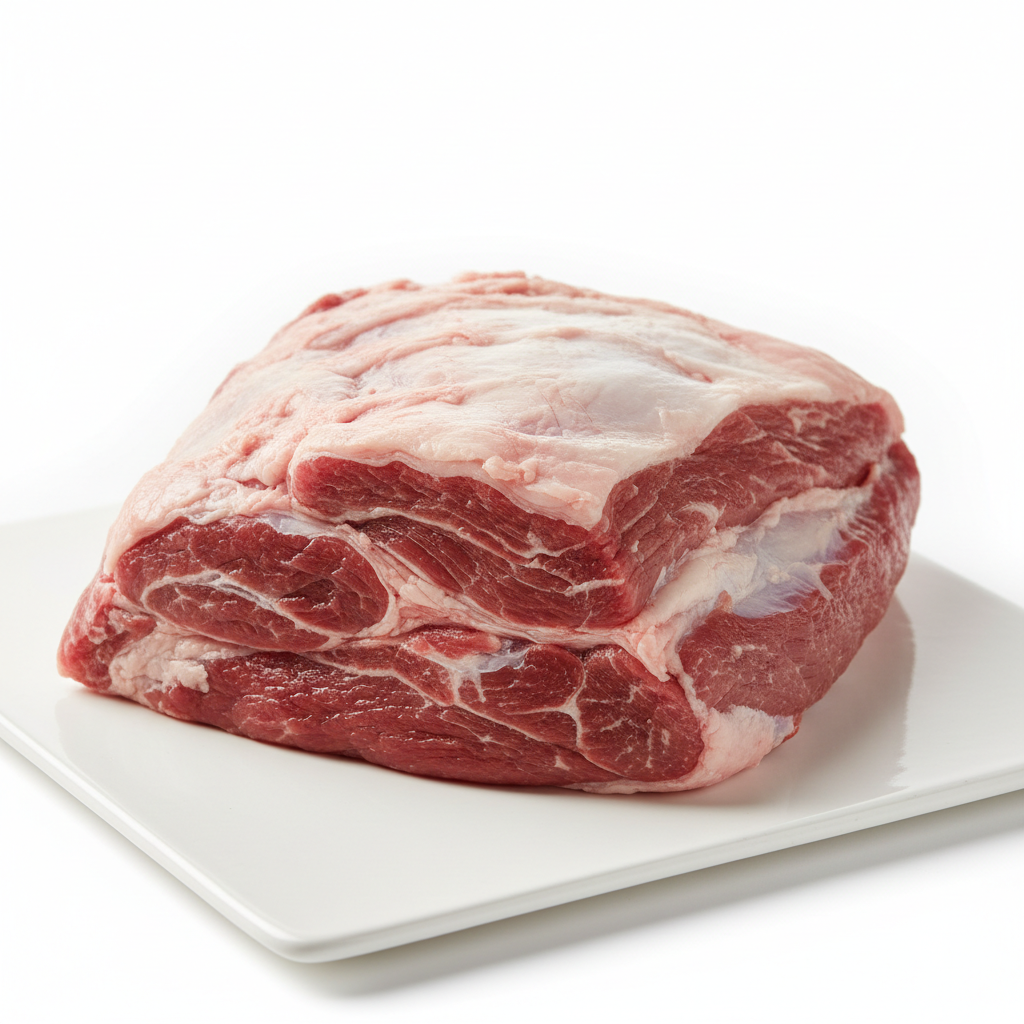 Raw lamb shoulder joint on wooden butcher block, deep red meat with white fat cap, warm studio lighting
