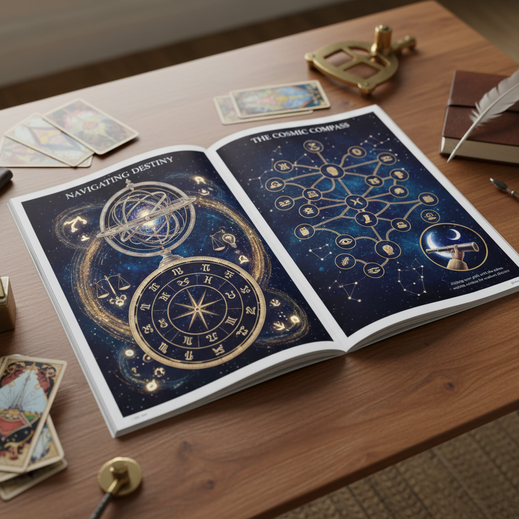 Magazine spread featuring celestial navigation imagery with astrological wheel and decision-making symbols