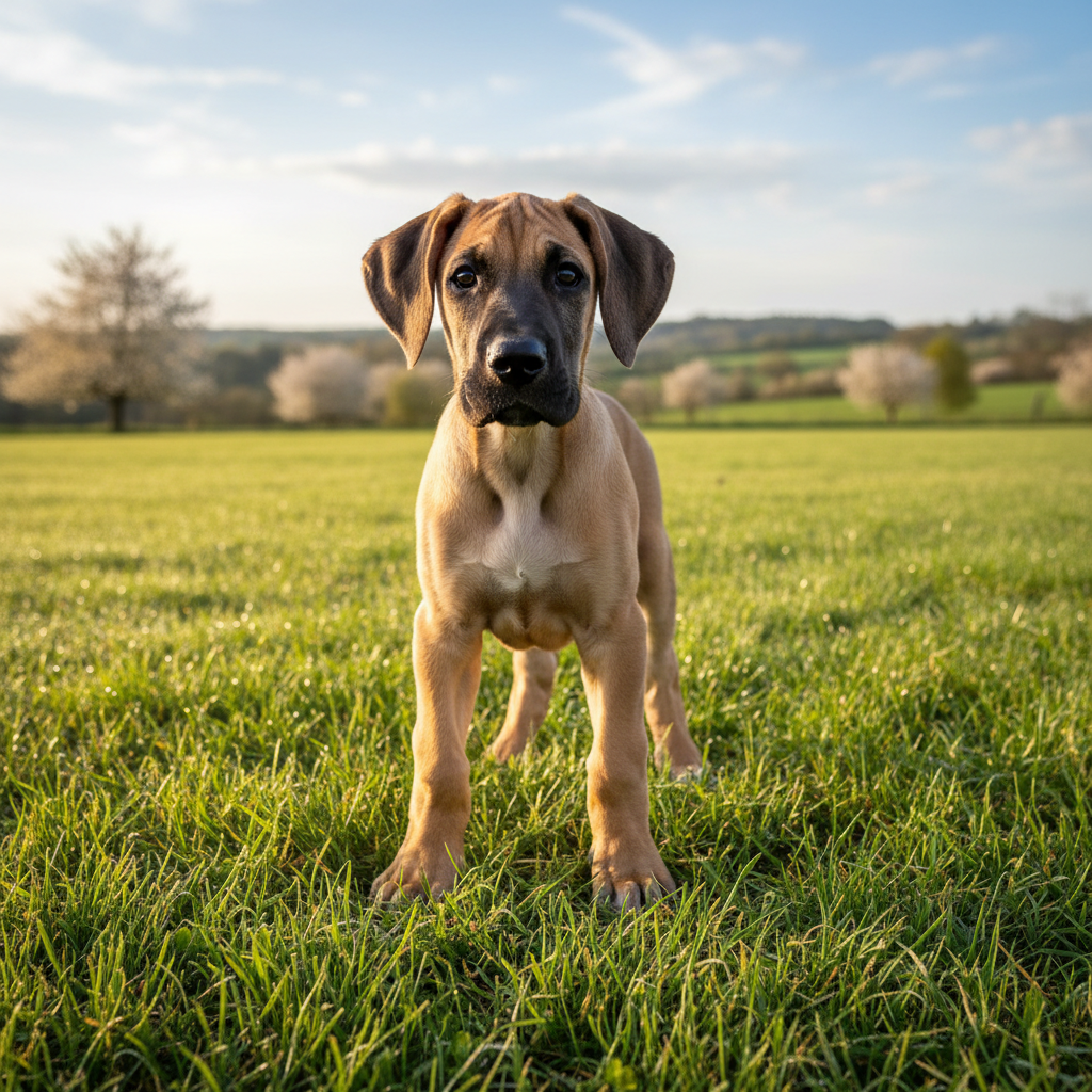 Great Dane puppy standing on grass showing healthy paw posture