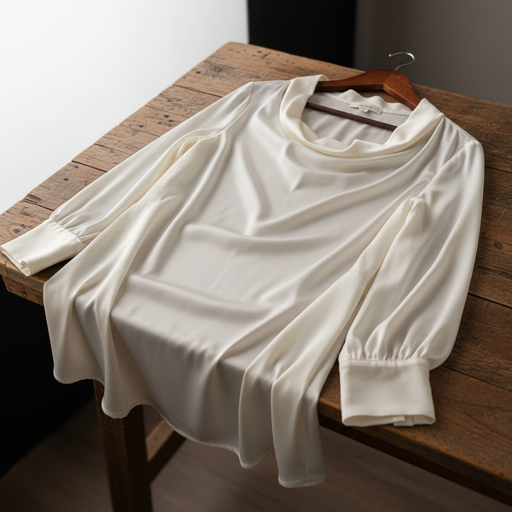 Ivory silk charmeuse blouse on wooden hanger showing drape and sheen