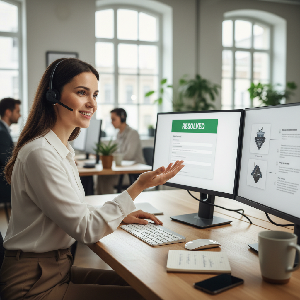 Professional woman with headset smiling at desk, bright well-lit home office, positive atmosphere