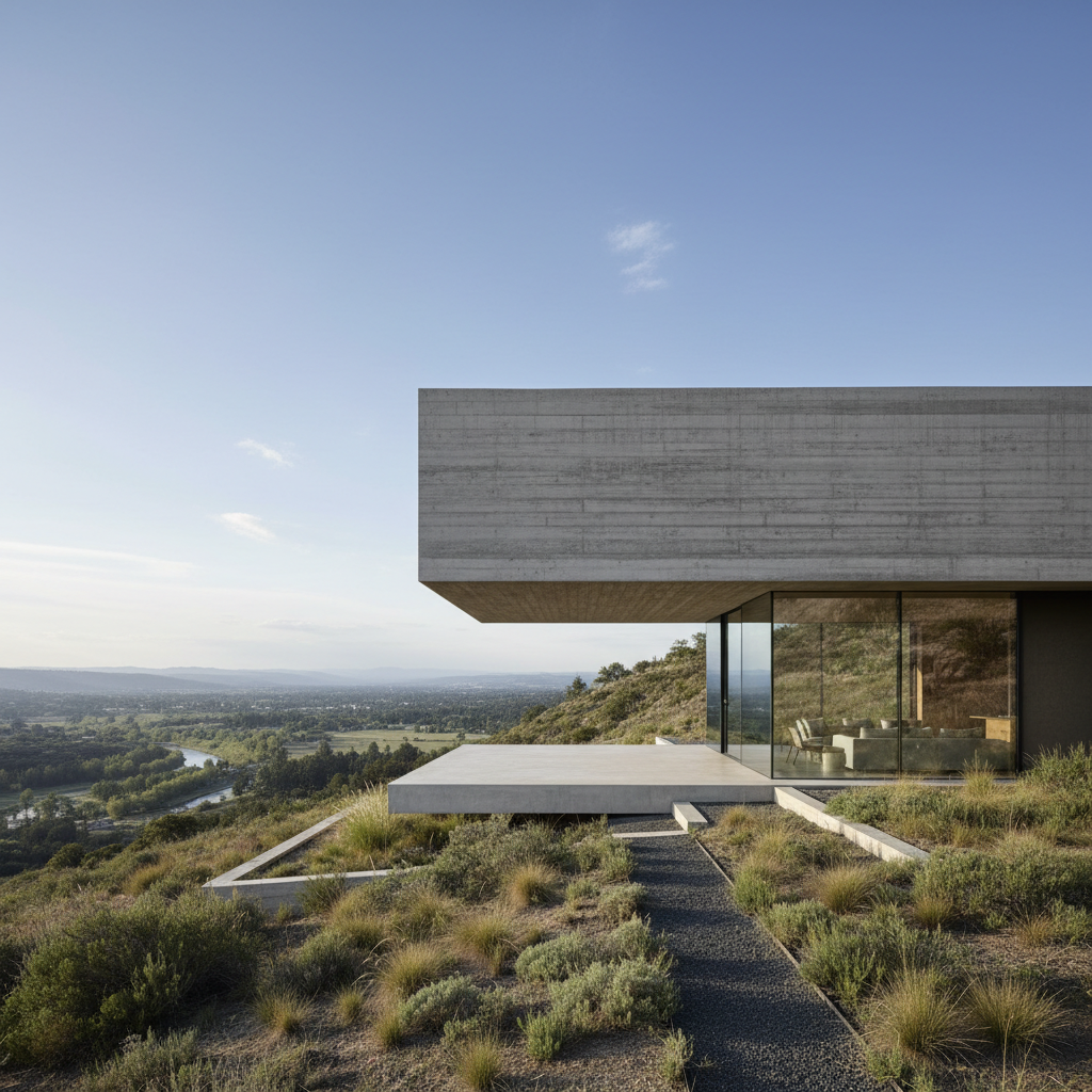 Minimalist hillside house with cantilevered concrete volume and floor-to-ceiling glazing overlooking valley