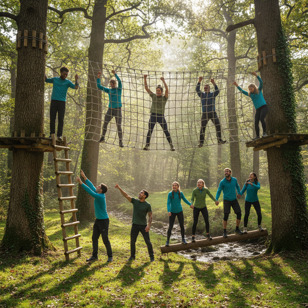 Team working together on outdoor challenge course, sunlit forest clearing, energetic atmosphere