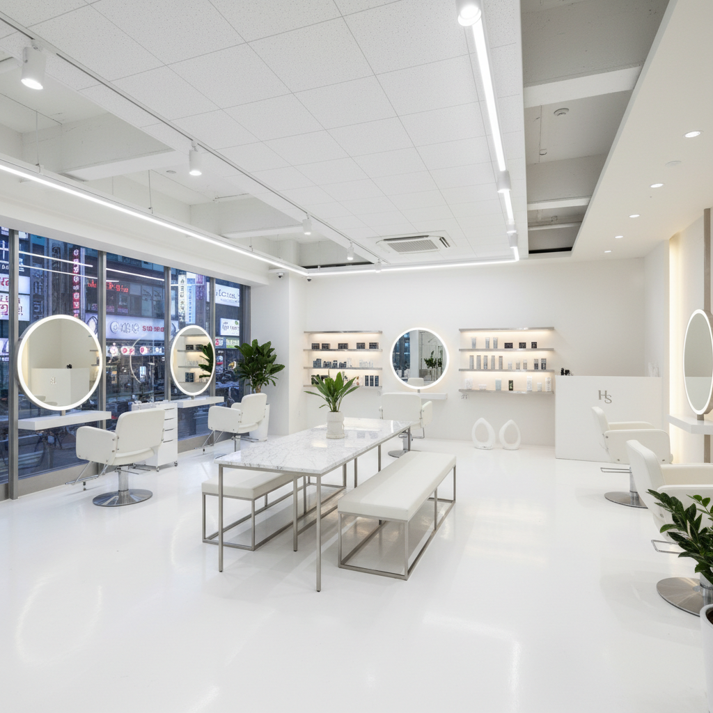 Modern beauty salon interior with white marble surfaces and professional equipment, clean bright luxury aesthetic