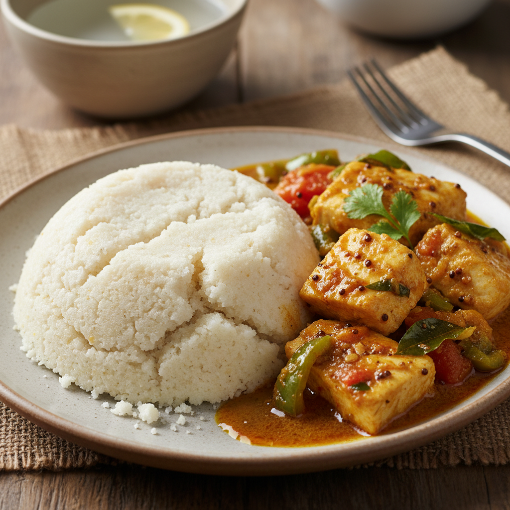 Bowl of ugali with fish curry and salad on a rustic plate