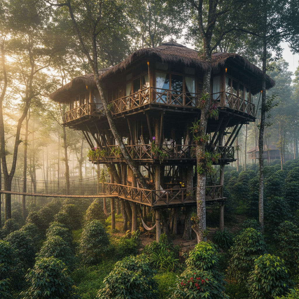 Aerial treehouse resort room surrounded by tea garden canopy in Munnar Kerala