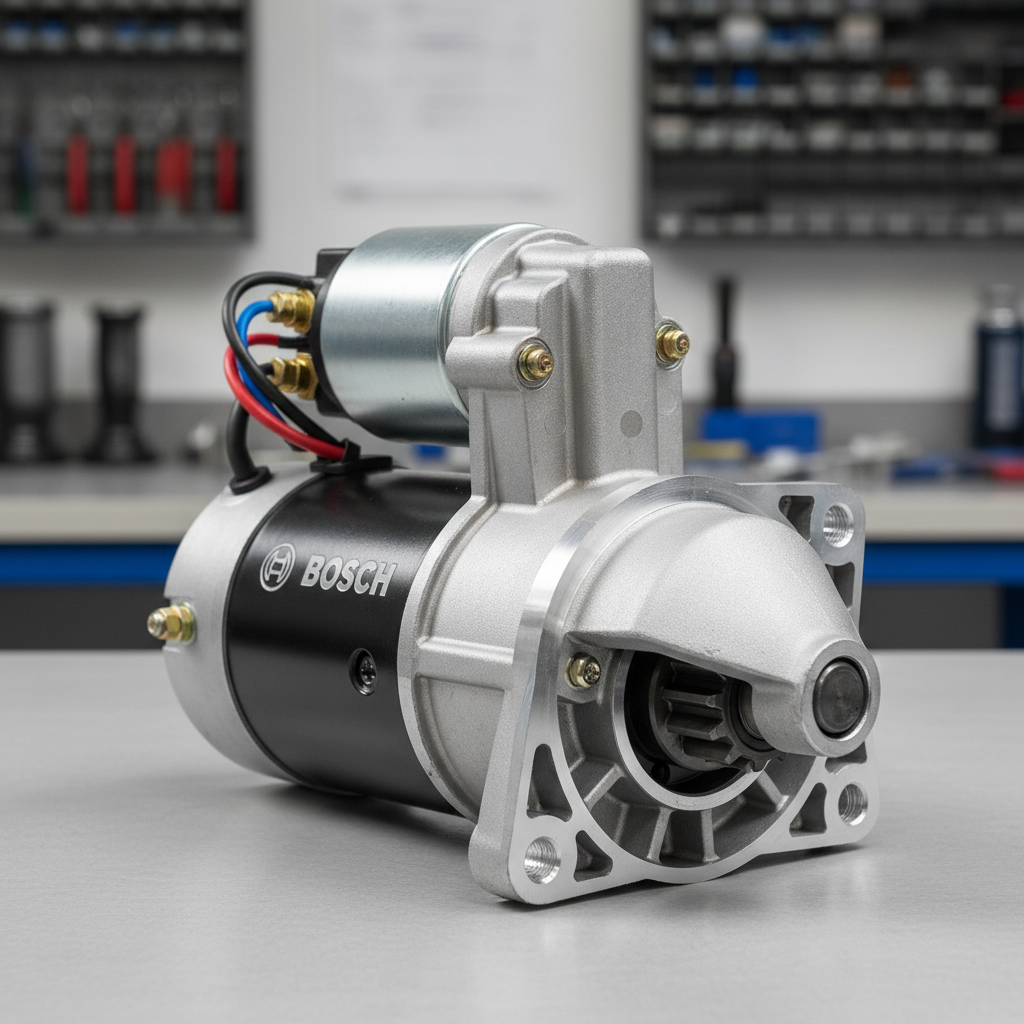 Refurbished car starter motor on a clean workbench, tested and ready for installation