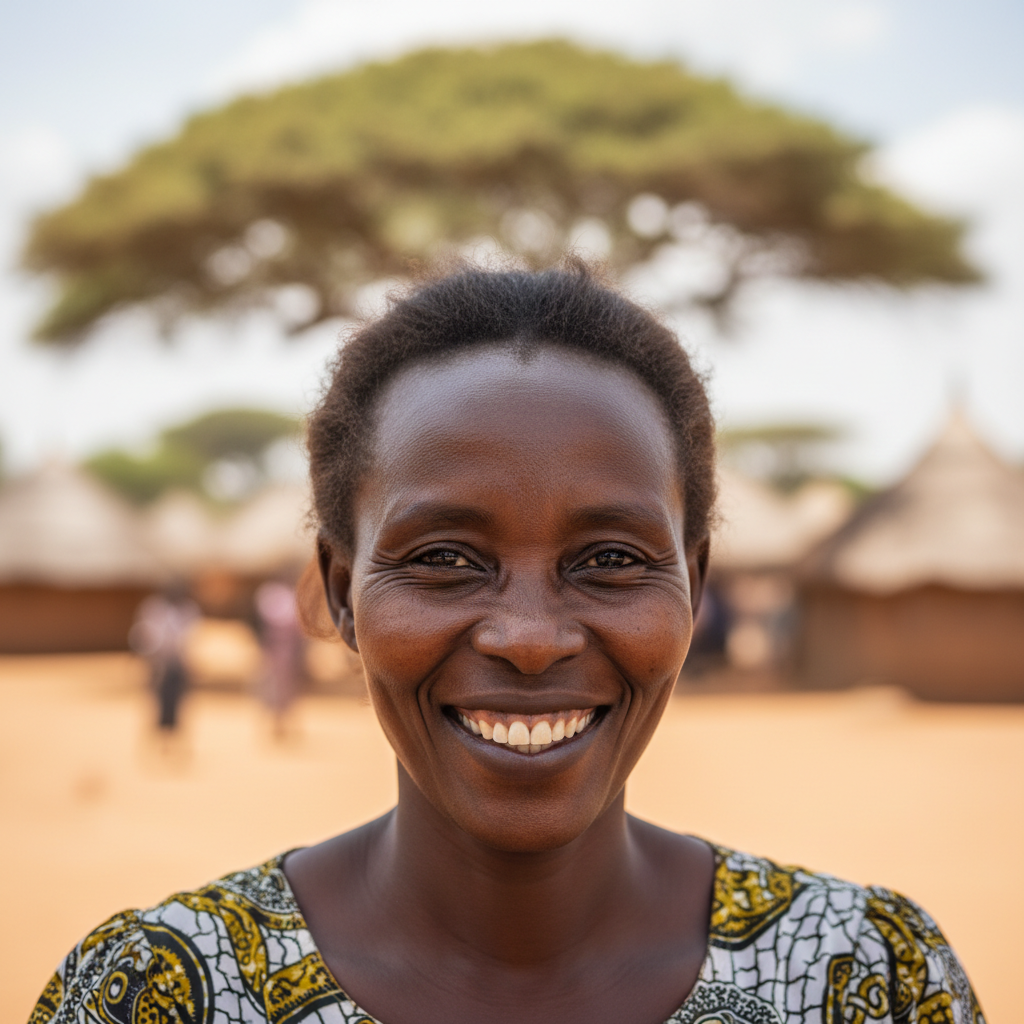 African village elder woman smiling warmly, dark atmospheric background, dim warm lighting from the side